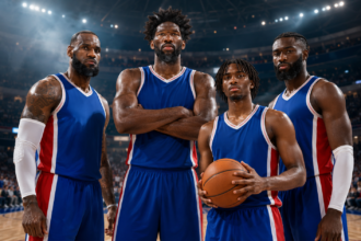 Philadelphia 76ers roster 2026 featuring LeBron James, Jaylen Brown, Joel Embiid, Tyrese Maxey, and the projected starting lineup.