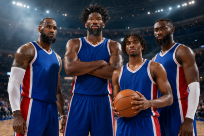 Philadelphia 76ers roster 2026 featuring LeBron James, Jaylen Brown, Joel Embiid, Tyrese Maxey, and the projected starting lineup.