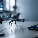 AI smart glasses showing wearable technology with camera, AI assistant and augmented reality display