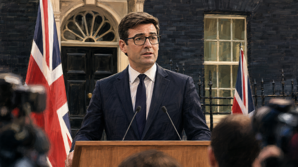 Andy Burnham delivering his first speech as the new UK Prime Minister outside 10 Downing Street after replacing Keir Starmer.