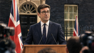 Andy Burnham delivering his first speech as the new UK Prime Minister outside 10 Downing Street after replacing Keir Starmer.