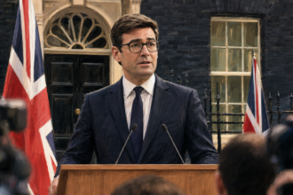 Andy Burnham delivering his first speech as the new UK Prime Minister outside 10 Downing Street after replacing Keir Starmer.