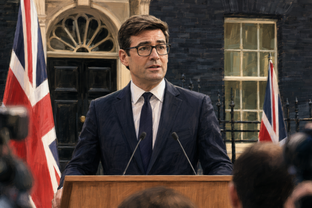 Andy Burnham delivering his first speech as the new UK Prime Minister outside 10 Downing Street after replacing Keir Starmer.