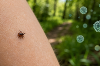 Tick associated with Bourbon virus disease on human skin