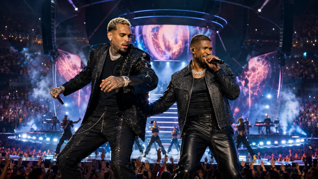Chris Brown and Usher performing together during their 2026 stadium tour