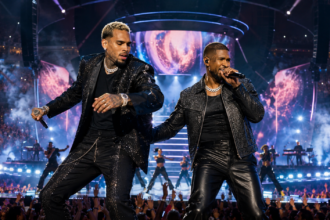 Chris Brown and Usher performing together during their 2026 stadium tour