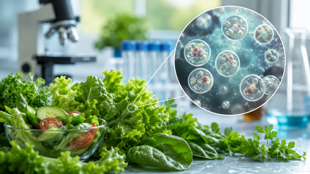 Fresh leafy greens beside a microscopic illustration of the Cyclospora parasite