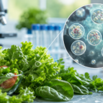 Fresh leafy greens beside a microscopic illustration of the Cyclospora parasite