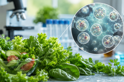 Fresh leafy greens beside a microscopic illustration of the Cyclospora parasite