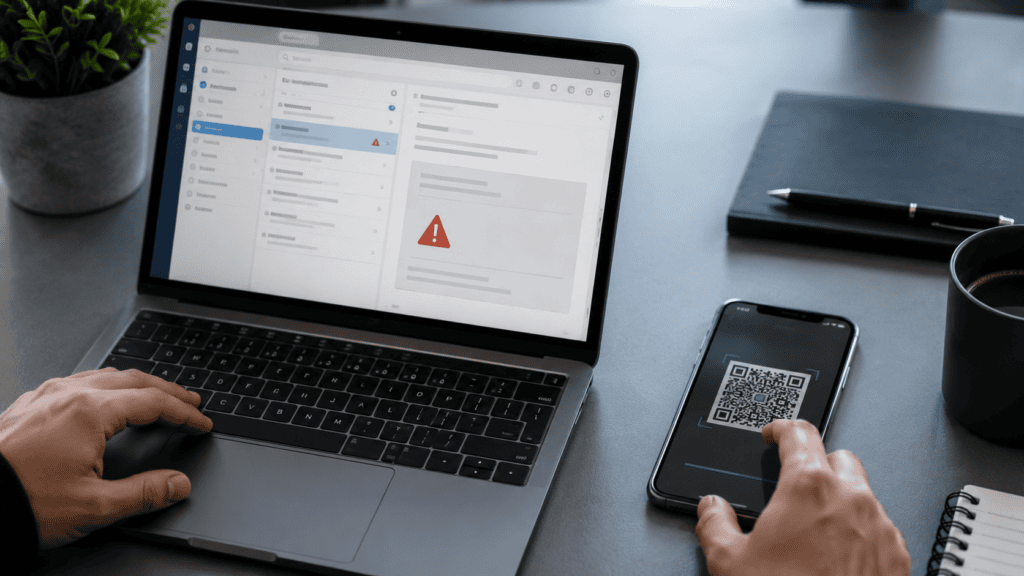 Illustration of email threats showing a phishing email with a QR code and a warning symbol representing password theft