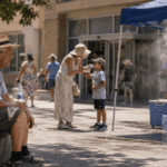 People staying hydrated during an extreme heat warning with sun and high temperature alert