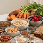 Fiber-rich foods including oats, beans, fruits, vegetables and seeds for gut health and constipation support