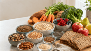 Fiber-rich foods including oats, beans, fruits, vegetables and seeds for gut health and constipation support