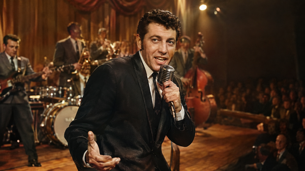 Freddy Cannon performing with a microphone on a vintage 1950s rock-and-roll stage.
