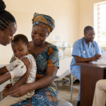 Healthcare workers providing hepatitis vaccination and medical consultation at a community clinic in Africa