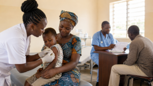 Healthcare workers providing hepatitis vaccination and medical consultation at a community clinic in Africa