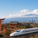Japan travel guide showing Tokyo, Kyoto, Mount Fuji, temples, and bullet trains for first-time visitors