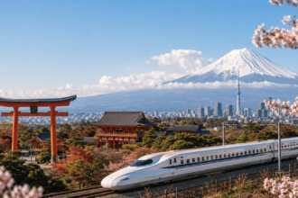 Japan travel guide showing Tokyo, Kyoto, Mount Fuji, temples, and bullet trains for first-time visitors