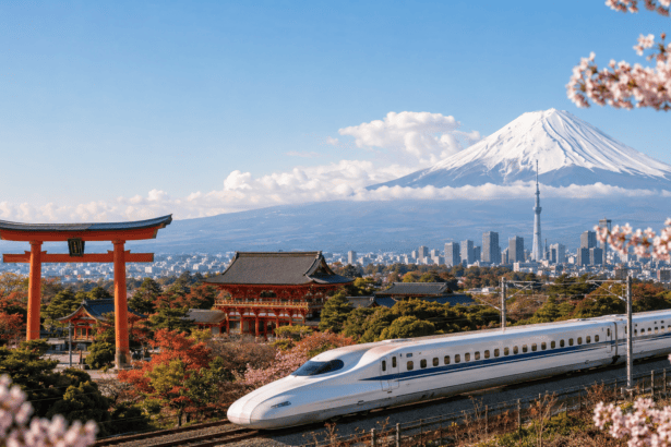 Japan travel guide showing Tokyo, Kyoto, Mount Fuji, temples, and bullet trains for first-time visitors