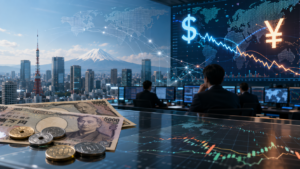 Japanese yen notes beside a rising USD JPY chart illustrating the yen’s weakness in 2026