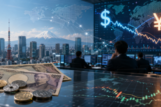 Japanese yen notes beside a rising USD JPY chart illustrating the yen’s weakness in 2026