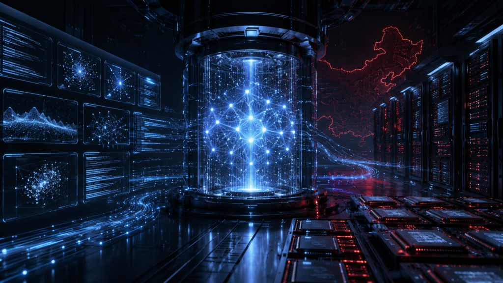 Abstract illustration representing a large-scale AI language model with interconnected neural network nodes