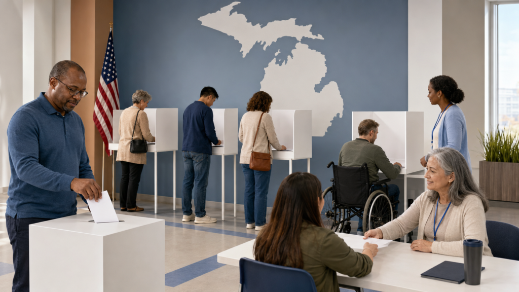 Michigan voters casting ballots during the 2026 primary election