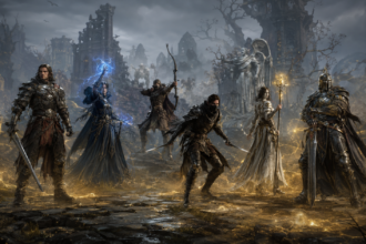 Six Mistfall Hunter classes preparing for combat in the Gyldenmist