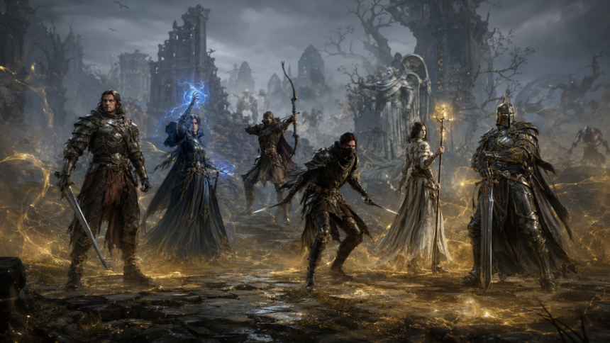 Six Mistfall Hunter classes preparing for combat in the Gyldenmist