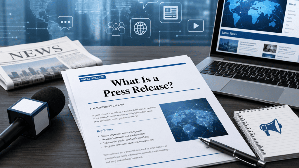 What is a press release guide showing format, purpose, types, and media announcement structure