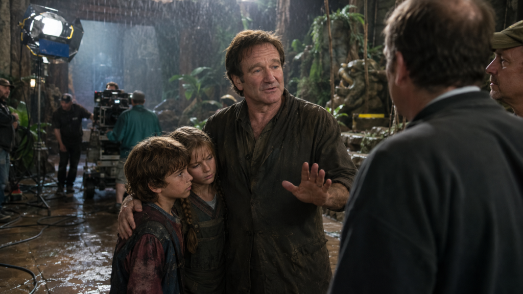 Robin Williams with Jumanji child stars Kirsten Dunst and Bradley Pierce