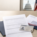 Illustration of a voter registration form, photo identification card, and mail ballot envelope.