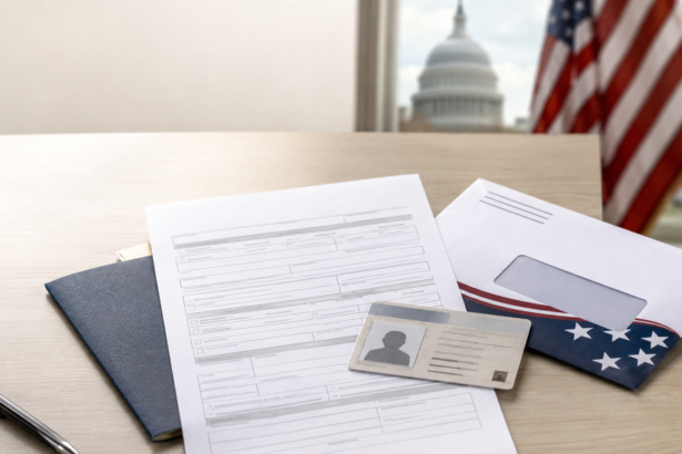 Illustration of a voter registration form, photo identification card, and mail ballot envelope.