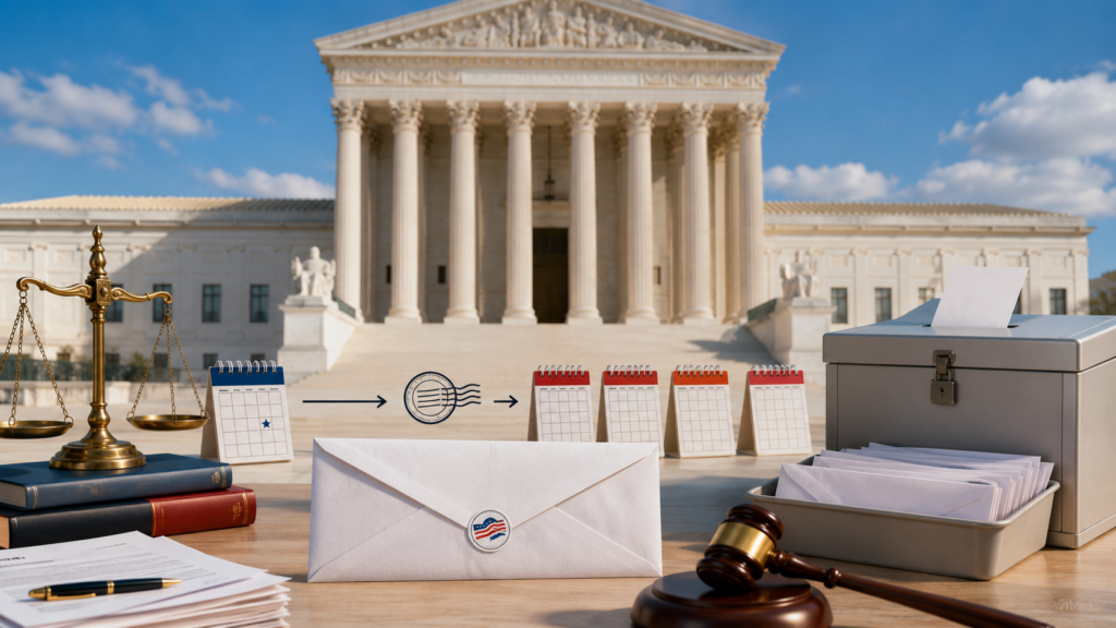 U.S. Supreme Court building with a mailed ballot envelope representing the mail-in ballot ruling