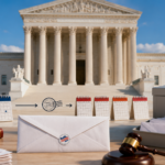 U.S. Supreme Court building with a mailed ballot envelope representing the mail-in ballot ruling