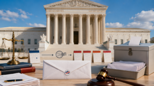 U.S. Supreme Court building with a mailed ballot envelope representing the mail-in ballot ruling