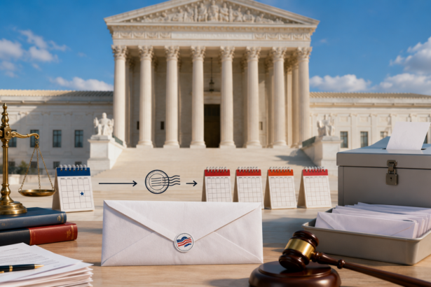 U.S. Supreme Court building with a mailed ballot envelope representing the mail-in ballot ruling