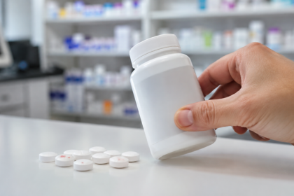 Cetirizine 5 mg medicine bottle with lot number being checked