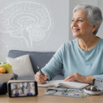Older adult with brain health icons representing exercise, nutrition, hearing care, blood pressure, and social connection.