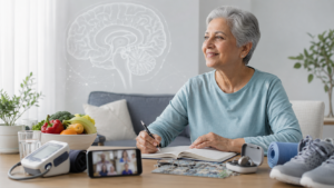Older adult with brain health icons representing exercise, nutrition, hearing care, blood pressure, and social connection.