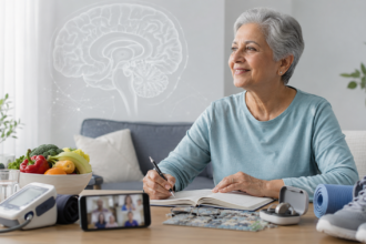 Older adult with brain health icons representing exercise, nutrition, hearing care, blood pressure, and social connection.