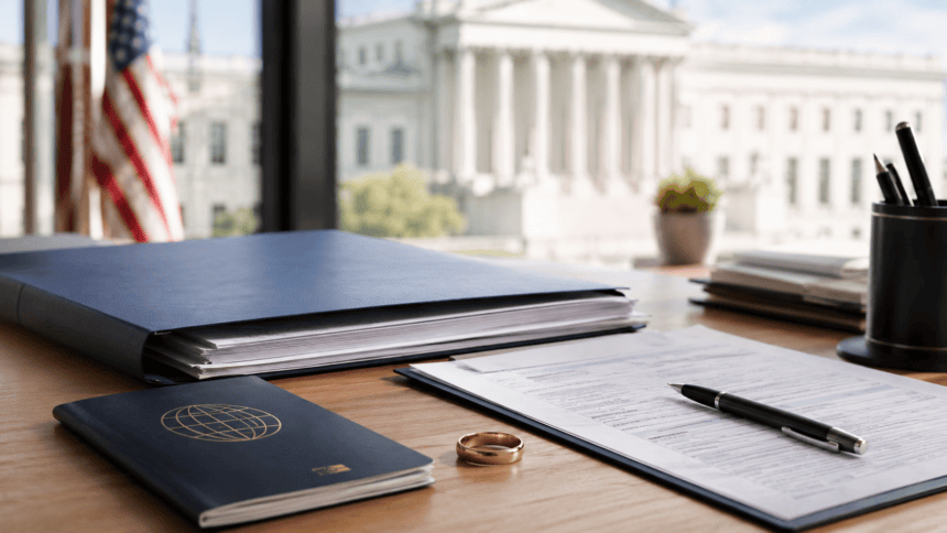 U.S. immigration paperwork and passport representing Trump green card marriage rules in 2026