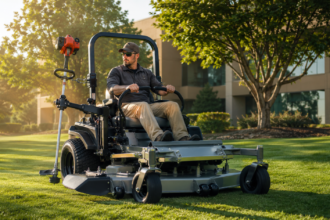 Zero turn mower with attachments for commercial landscaping work