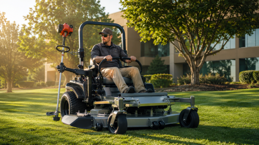Zero turn mower with attachments for commercial landscaping work