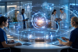 Illustration of agentic AI connecting healthcare staffing workflows, clinician data, matching, and placement outcomes.