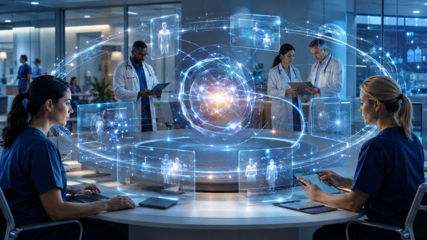Illustration of agentic AI connecting healthcare staffing workflows, clinician data, matching, and placement outcomes.