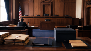 Editorial illustration of an empty federal courtroom representing the alien terrorist removal court