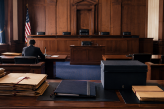 Editorial illustration of an empty federal courtroom representing the alien terrorist removal court