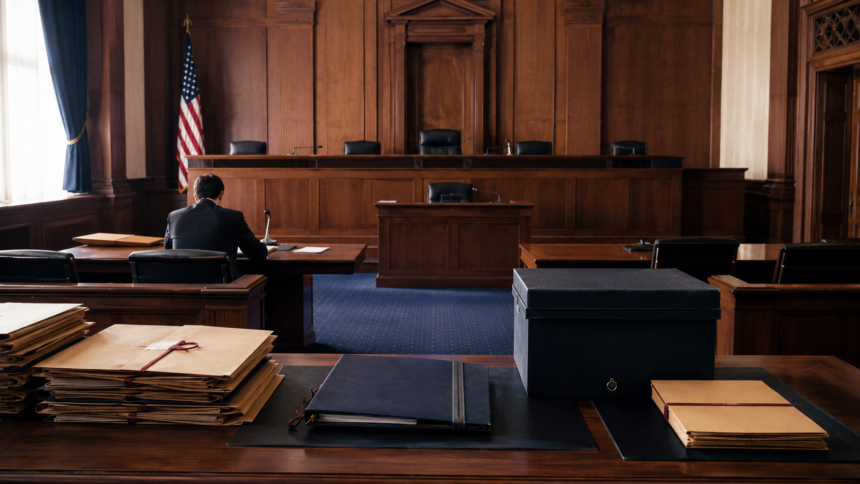 Editorial illustration of an empty federal courtroom representing the alien terrorist removal court