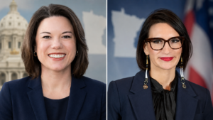 Side-by-side campaign photographs of U.S. Rep. Angie Craig and Minnesota Lt. Gov. Peggy Flanagan, candidates in Minnesota's 2026 Democratic Senate primary